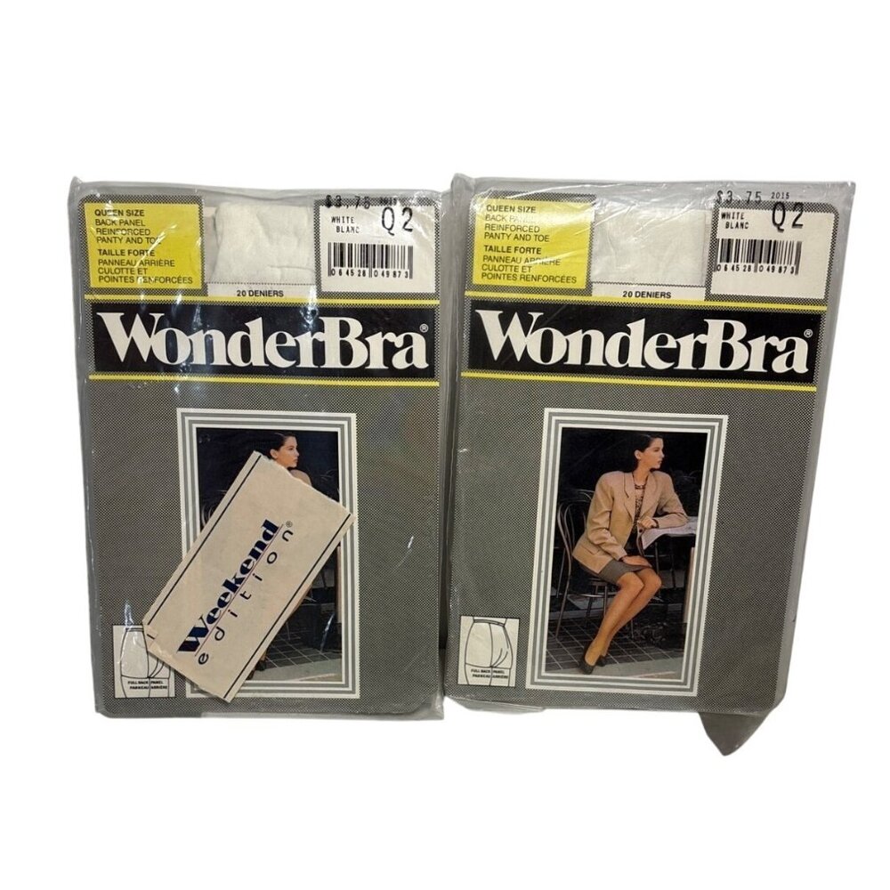WonderBra Pantyhose Impressions White Queen Size Reinforced 20 Denier Lot of 2
